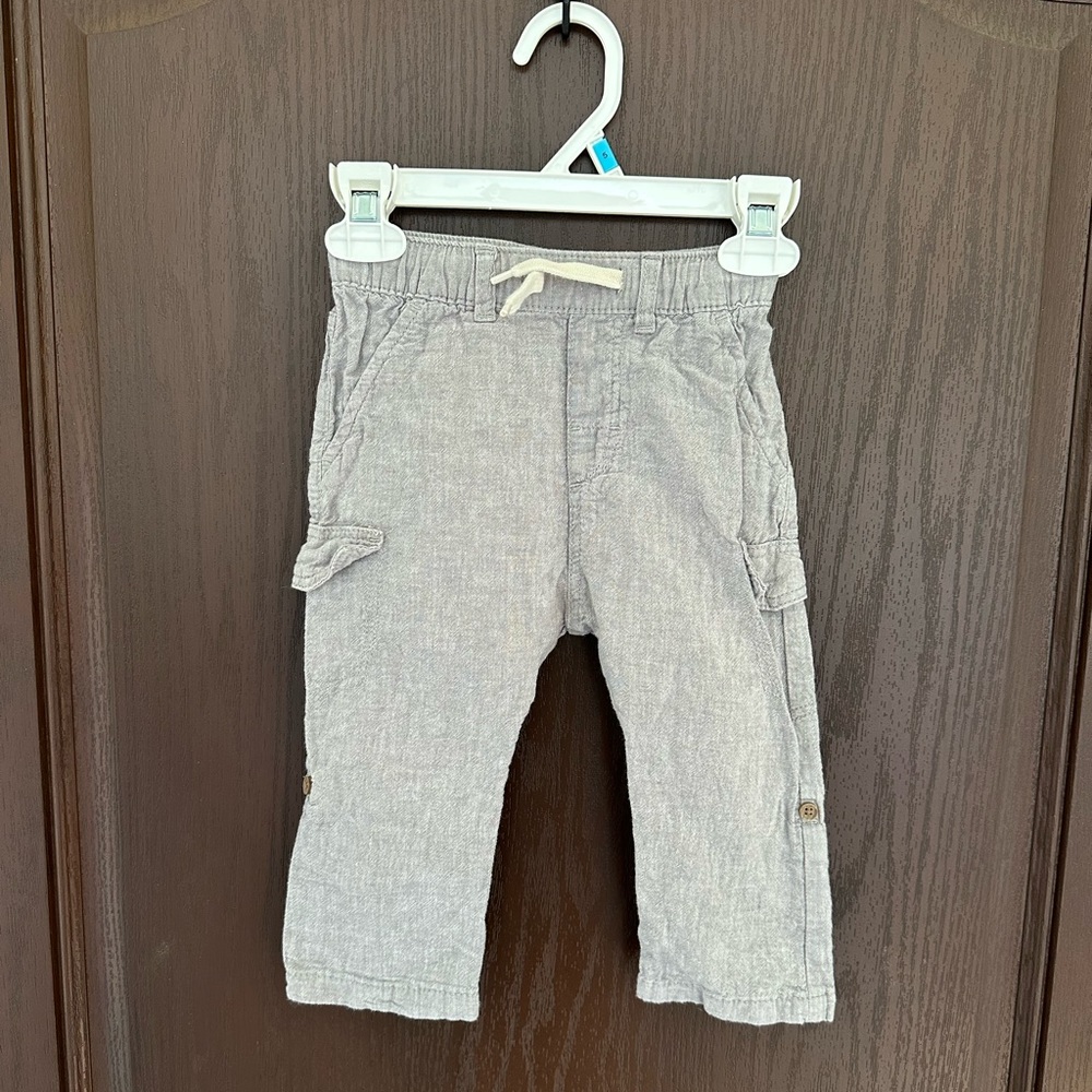 3/$15 H&M Linen Blend Gray Cargo Pants 12-18M Roll Tab Neutral Toddler Casual
